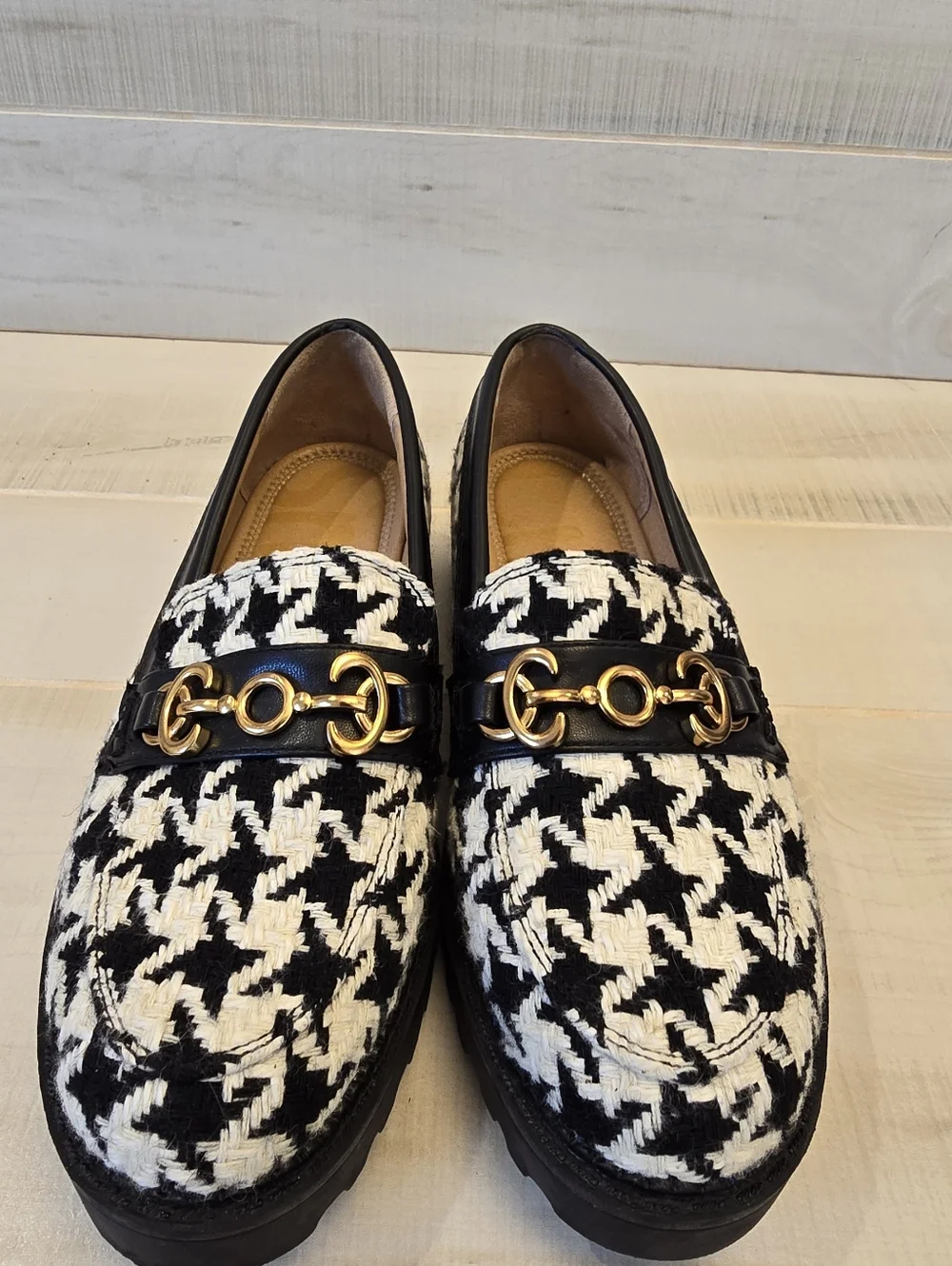 {5.5} Sam Edelman Circus Deana Black White Houndstooth Lug Sole Loafers